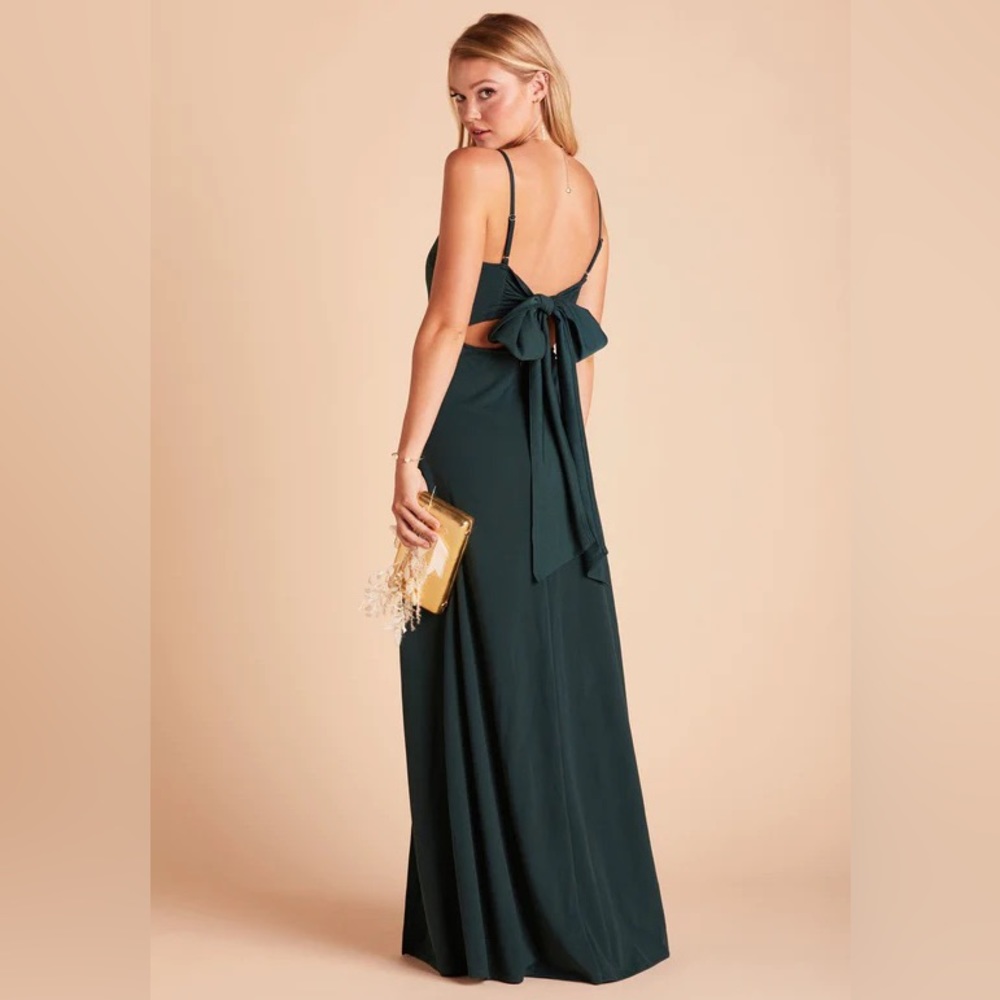 Crepe Tie Small Birdy Grey emerald floor length Benny crepe bridesmaid dress